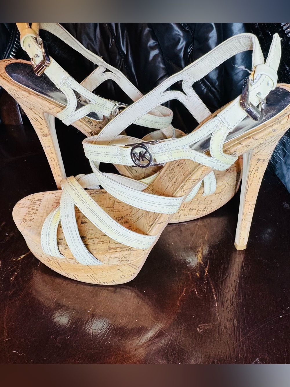 Michael Kors Cream Leather Cork Platform Heels with MK Logo